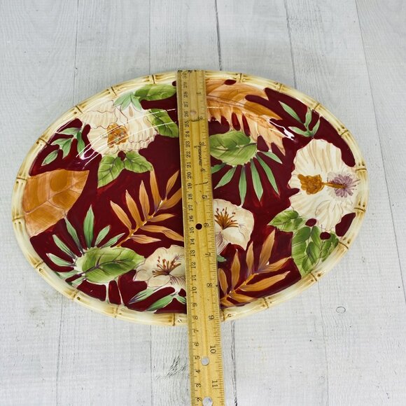 Home Trends HIBISCUS Bamboo Edge Ferns Floral Red Oval Ceramic Serving Platter - Picture 6 of 9